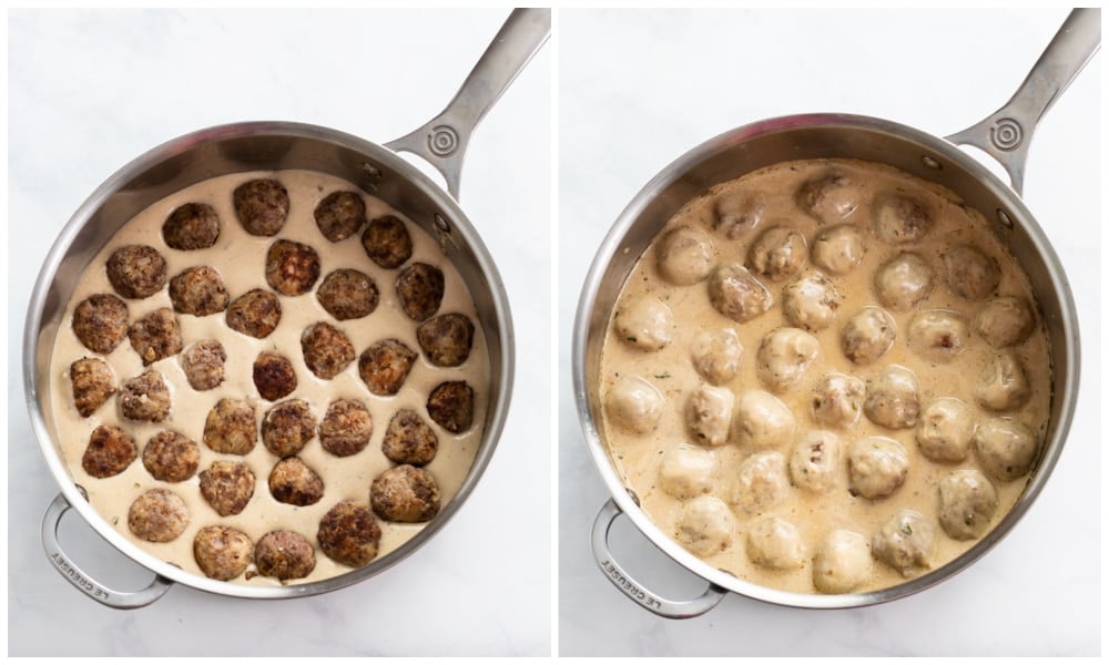 Adding Swedish meatballs to a skillet and spooning sauce on top.