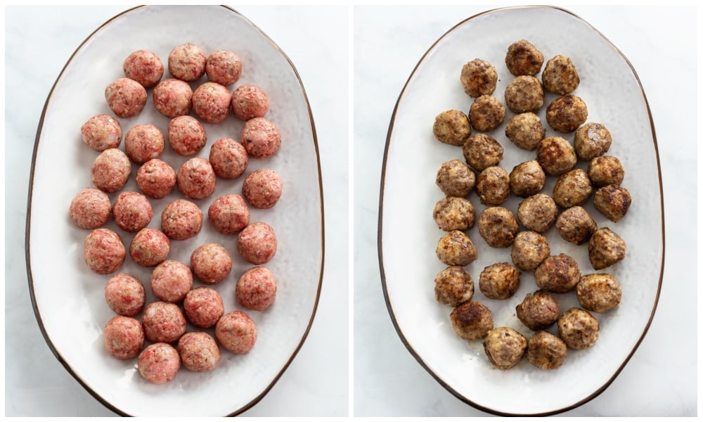 Swedish meatballs on a tray before and after cooking.