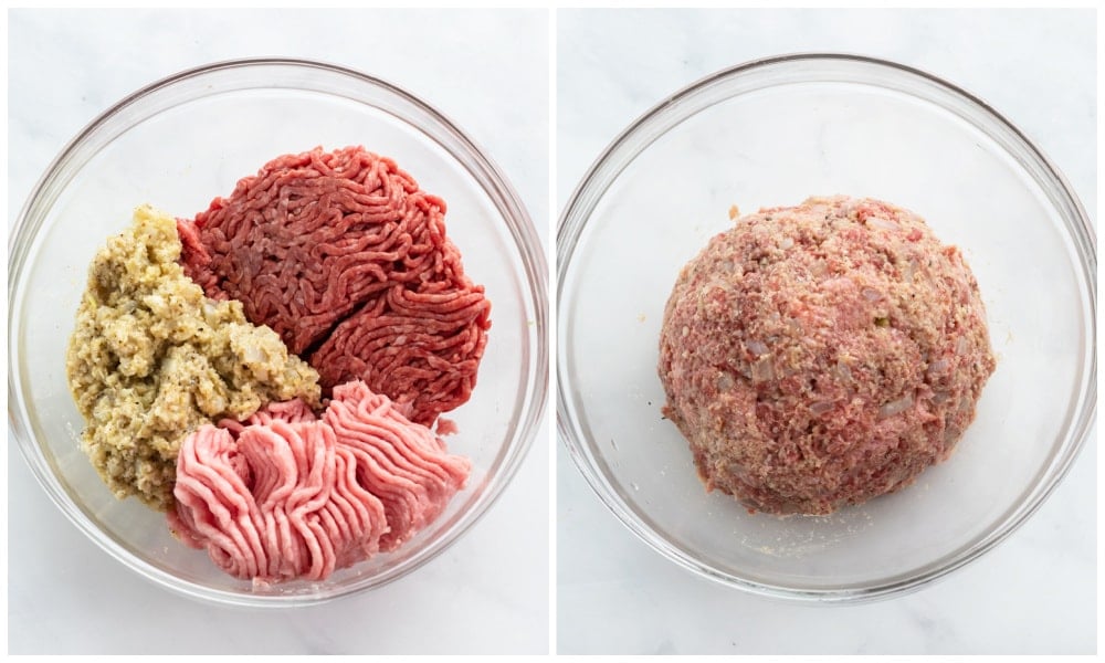 Mixing ground beef, pork, and meatball ingredients in a glass bowl to make Swedish meatballs.