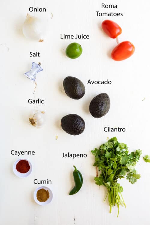 Overhead image of ingredients needed to make guacamole.