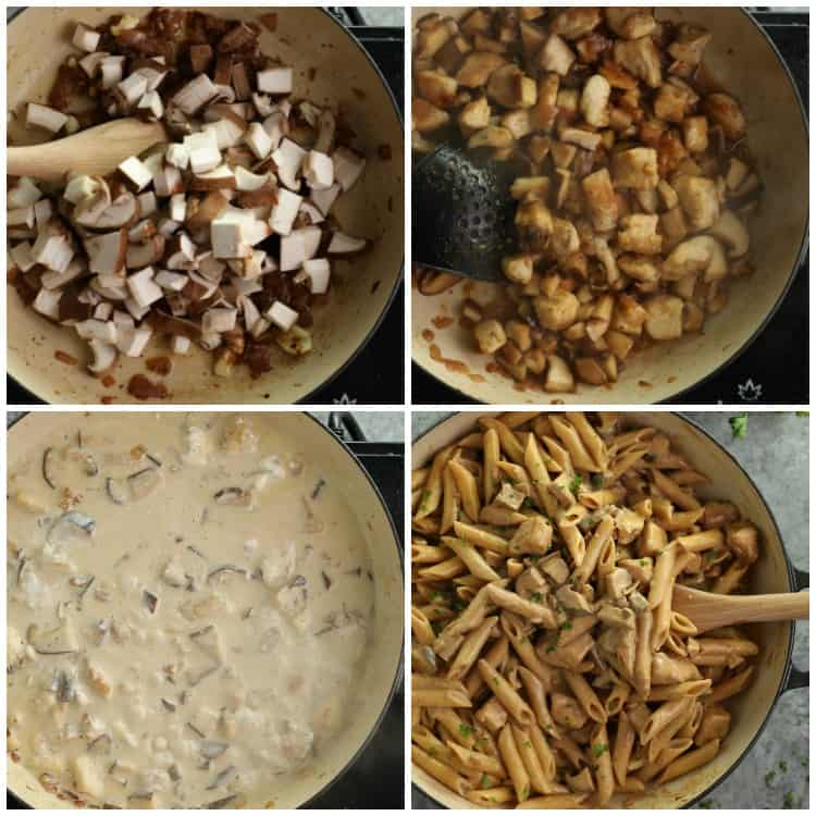 overhead process shots of mushrooms cooking and making pasta da vinci sauce and mixing in penne pasta