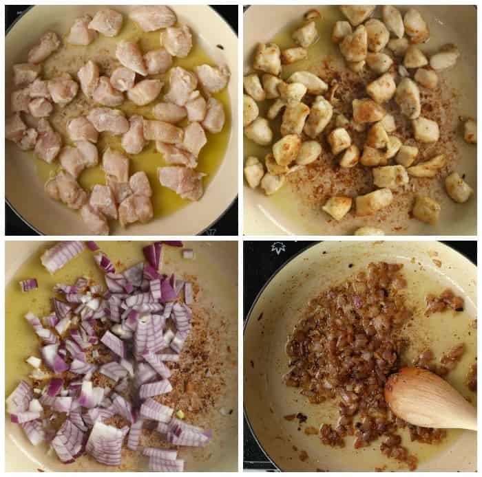 Overhead process shots of cubed chicken being seared and red onions caramelizing