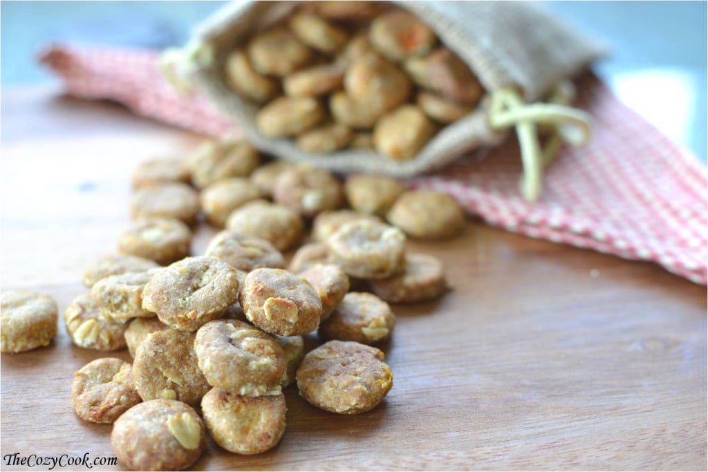 Round homemade dog treats spilling out of a pouch on a wooden surface.