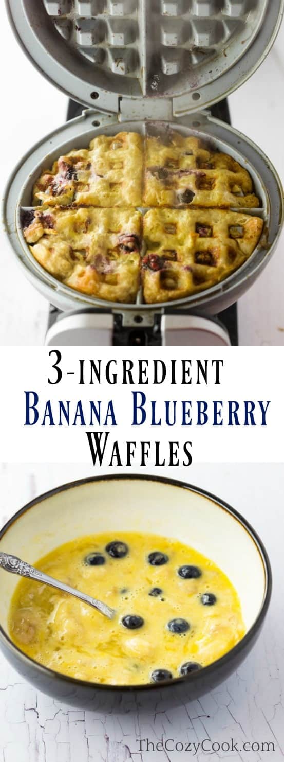 Bananas, Blueberries, and Eggs are all you need to make these healthy and wholesome waffles! Combined with whipped creams, fresh fruit, or syrup, it's an energizing and healthy way to start the day! | The Cozy Cook | #Waffles #Breakfast #Healthy #Bananas #Blueberries #Eggs #Paleo #Whole30