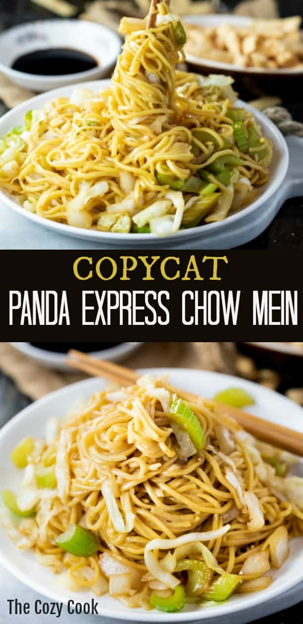 This Copycat Panda Express Chow Mein tastes just like the restaurant version and is quick and easy to make right at home. In just 20 minutes you can enjoy this restaurant classic. Add seared shrimp, chicken, or beef to make it a protein-packed meal! | The Cozy Cook | #chowmein #copycat #pandaexpress #meatless #sidedish #chinesefood #restaurantcopycat #chinese #comfortfood #dinner #noodles