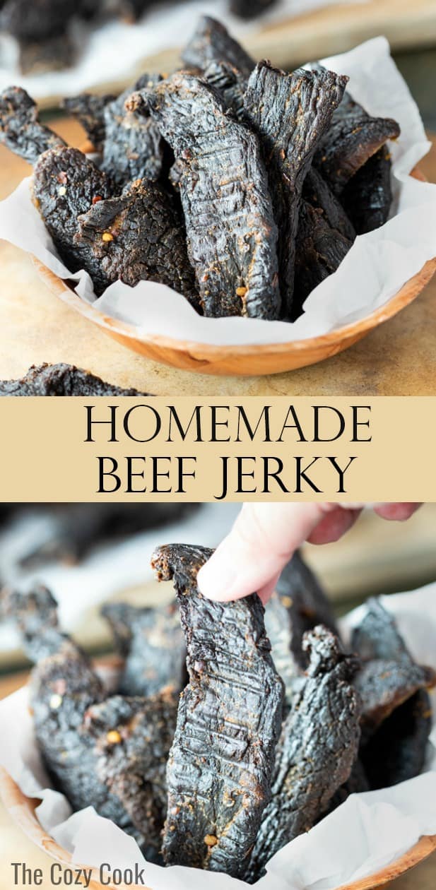 Thin slices of fresh meat are immersed in a flavorful marinade for several hours and then dehydrated or baked to create perfectly textured homemade beef jerky. | The Cozy Cook | #beef #jerky #beefjerky #snacks #protein #homemade #healthy #meat #beef #fathersday