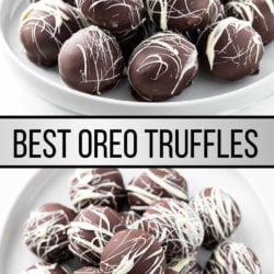 A collage of Chocolate Oreo Truffles decorated with white chocolate.