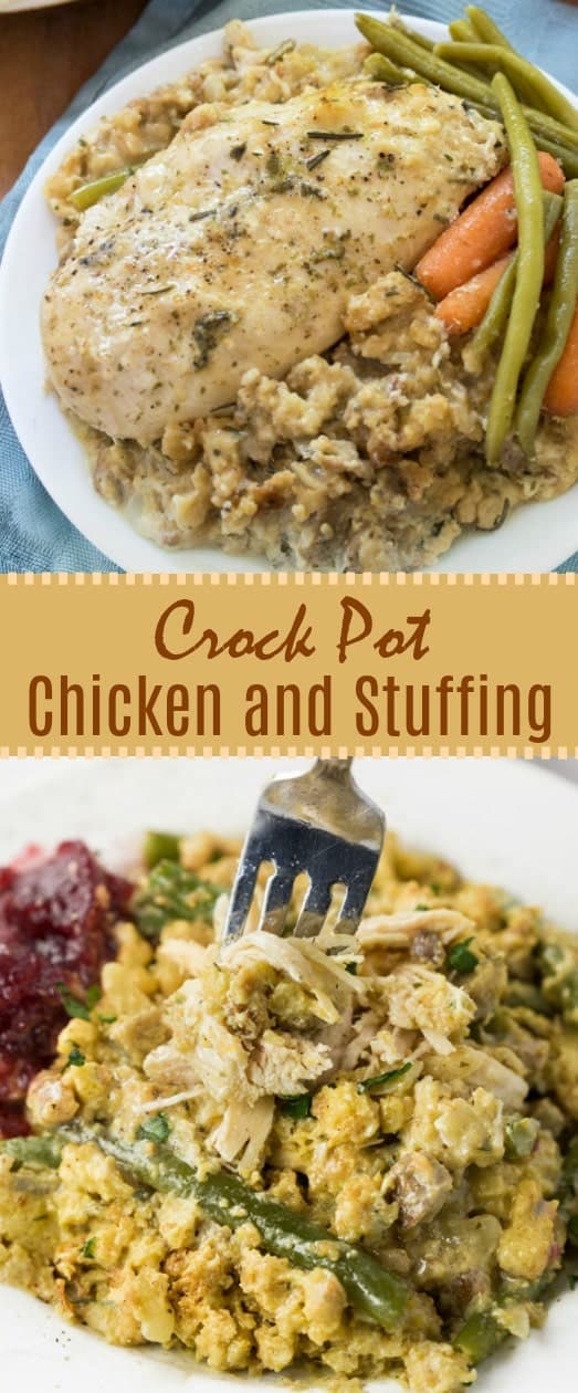 Extra-juicy chicken and savory stuffing simmer together in the crock pot with your favorite vegetables for an easy, comforting meal that the family will love! | The Cozy Cook | #chicken #stuffing #crockpot #slowcooker #thanksgiving #comfortfood #dinner