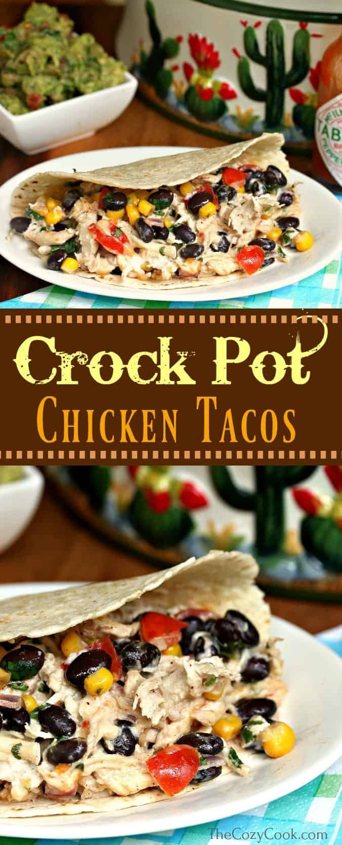These crock pot chicken tacos are loaded with shredded chicken and a creamy taco mixture full of your favorite Mexican flavors! This is delicious over lettuce wraps, rice, or taco shells! | The Cozy Cook | #Tacos #Chicken #CrockPot #SlowCooker #Mexican #Dinner #TacoTuesday #ShreddedChicken #BlackBeans