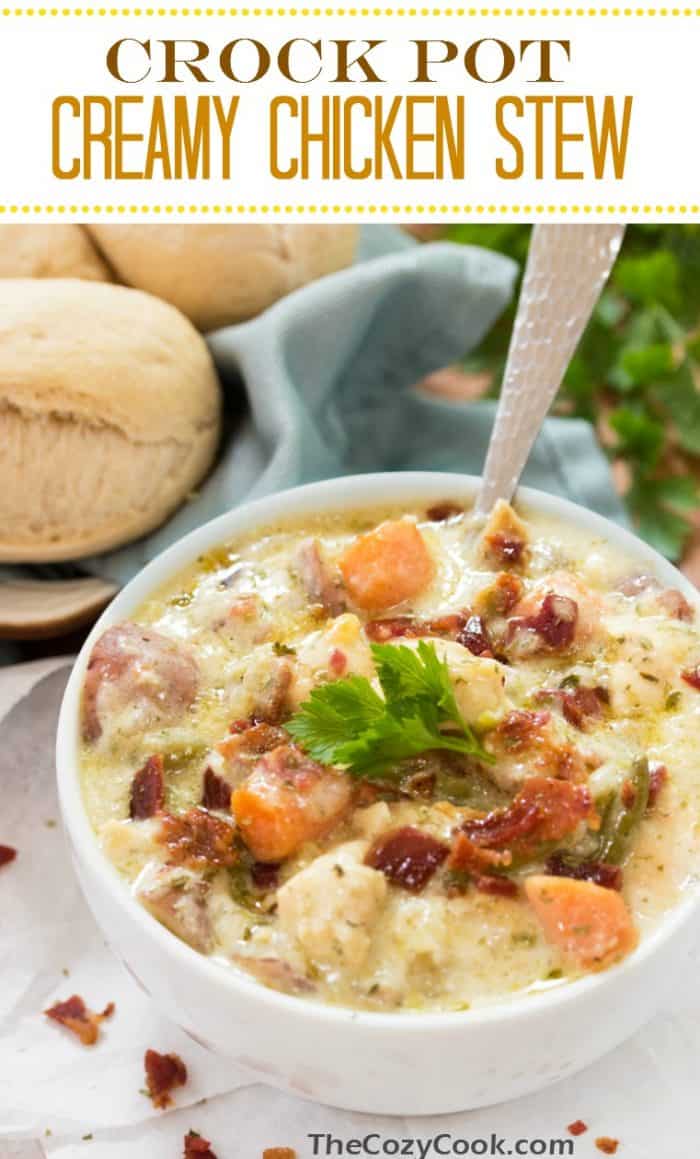 This crock pot chicken stew has a thick and creamy broth that simmers slowly with red potatoes and your favorite vegetables. This stew is amazing on its’ own or served over biscuits! | The Cozy Cook | #stew #chicken #dinner #crockpot #slowcooker #soup