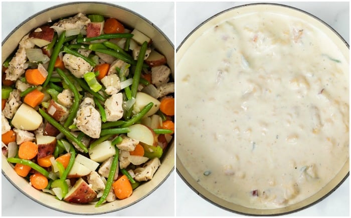 A soup pot filled with mixed vegetables and chicken next to the same pot topped with the creamy soup broth for creamy chicken stew.