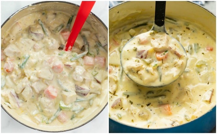 A soup pot filled with creamy chicken stew before and after being cooked.
