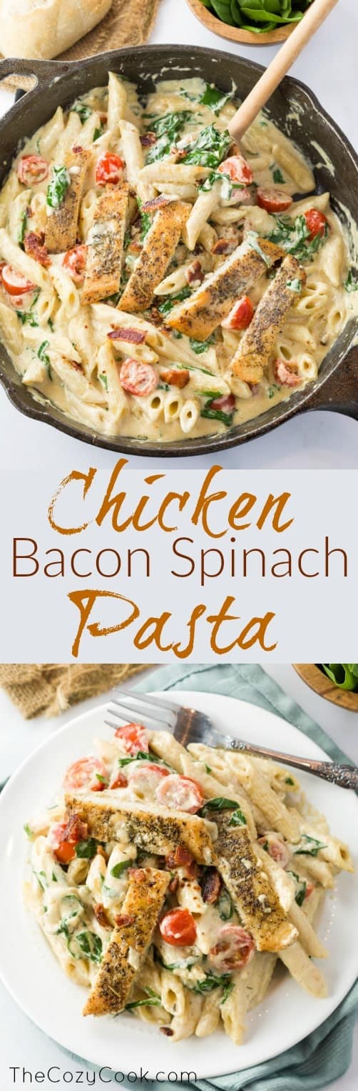 This loaded chicken bacon spinach pasta dish is tossed in a thick and creamy garlic Parmesan  sauce. It's a perfect blend of flavors will make you think you're eating at a restaurant! | The Cozy Cook | #Chicken #Bacon #Spinach #Pasta #Penne #Italian #ComfortFood #Permsan #GarlicSauce #Dinner