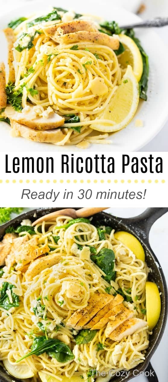 This lemon Ricotta pasta is loaded with perfectly seared chicken, zesty lemon, and a sprinkle of fresh spinach, and a savory blend of Ricotta and Parmesan. | The Cozy Cook | #Pasta #Italian #Dinner #MainCourse #Ricotta #Spinach #Lemon #Spaghetti #ComfortFood
