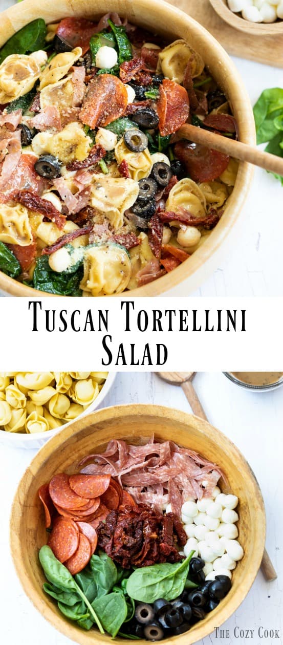 This tortellini salad is loaded with classic flavors of Tuscany, including mozzarella, pepperoni, salami, olives, sun-dried tomatoes, and more. Better yet, it can be served warm or chilled! #pasta #tortellini #italianfood #summerrecipes #sidedish #pastasalad #picnic