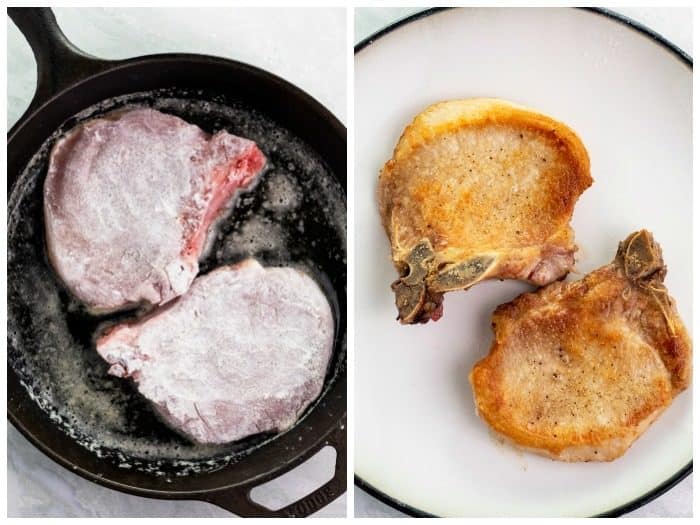 side by side overhead shots of pork chops before being fried, and after. 
