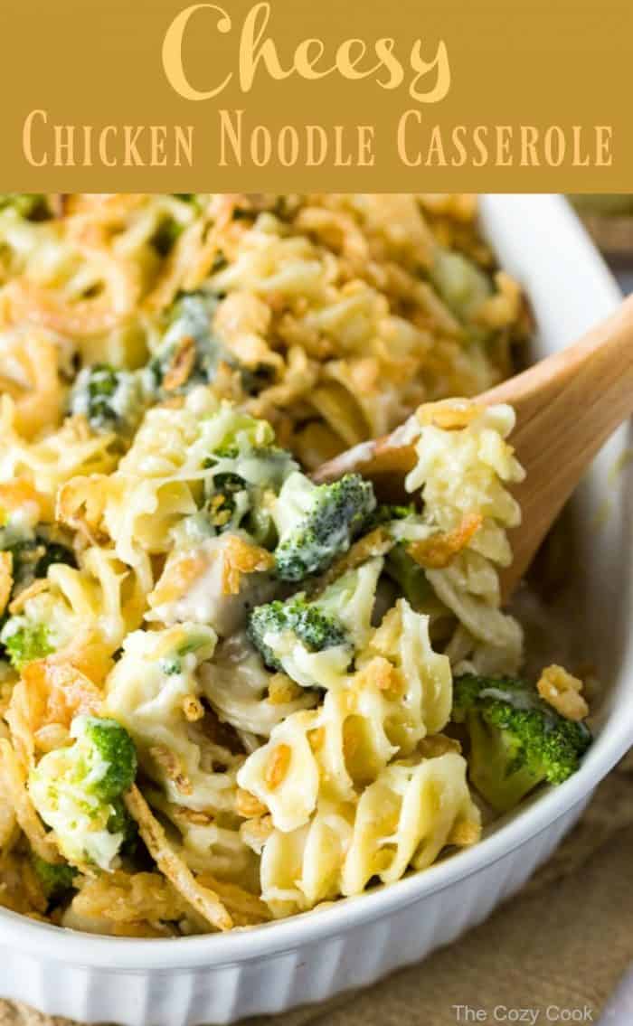 This cheesy chicken noodle casserole is made with a creamy mushroom sauce, chicken, cheese, and broccoli. You’ll want to keep this one in the rotation! | The Cozy Cook | #casserole #chicken #pasta #dinner #noodles #cheese #comfortfood #italianfood