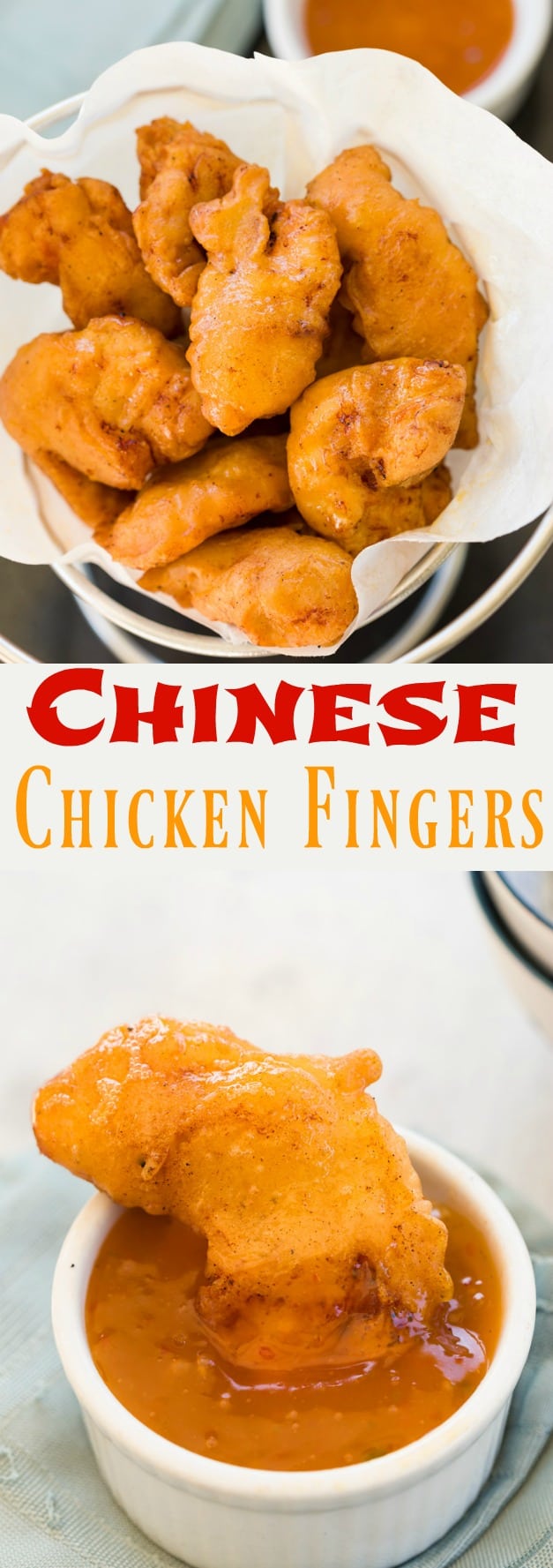 These homemade Chinese chicken fingers are JUST like from a restaurant. Crispy and golden on the outside and filled with juicy chicken on the inside. Perfect with sweet and sour sauce! #chicken #chinesechicken #chickenfingers #appetizers #NYE #ChineseFood #AsianCuisine #Fried #Snacks