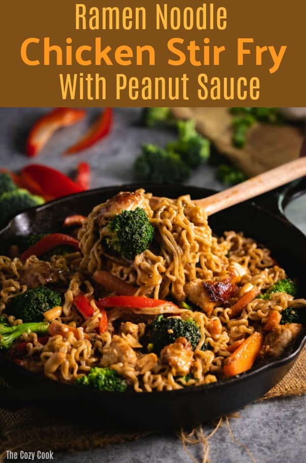 A simple and flavorful peanut sauce serves as the marinade and sauce for this delicious Ramen Noodle Chicken Stir fry. This easy weeknight meal is easy to customize and tastes even better the next day, plus, you can serve it warm or chilled! | The Cozy Cook | #PeanutSauce #StirFry