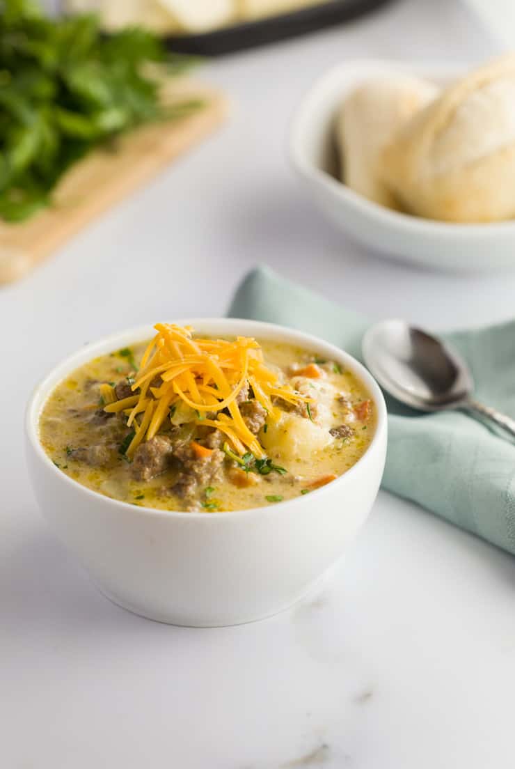 Slow Cooker Cheeseburger Soup - The Cozy Cook