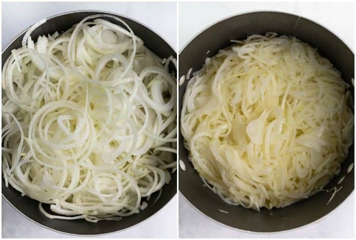 Onions in a soup pot that are freshly cut and beginning to cook down in order to make French Onion Soup.