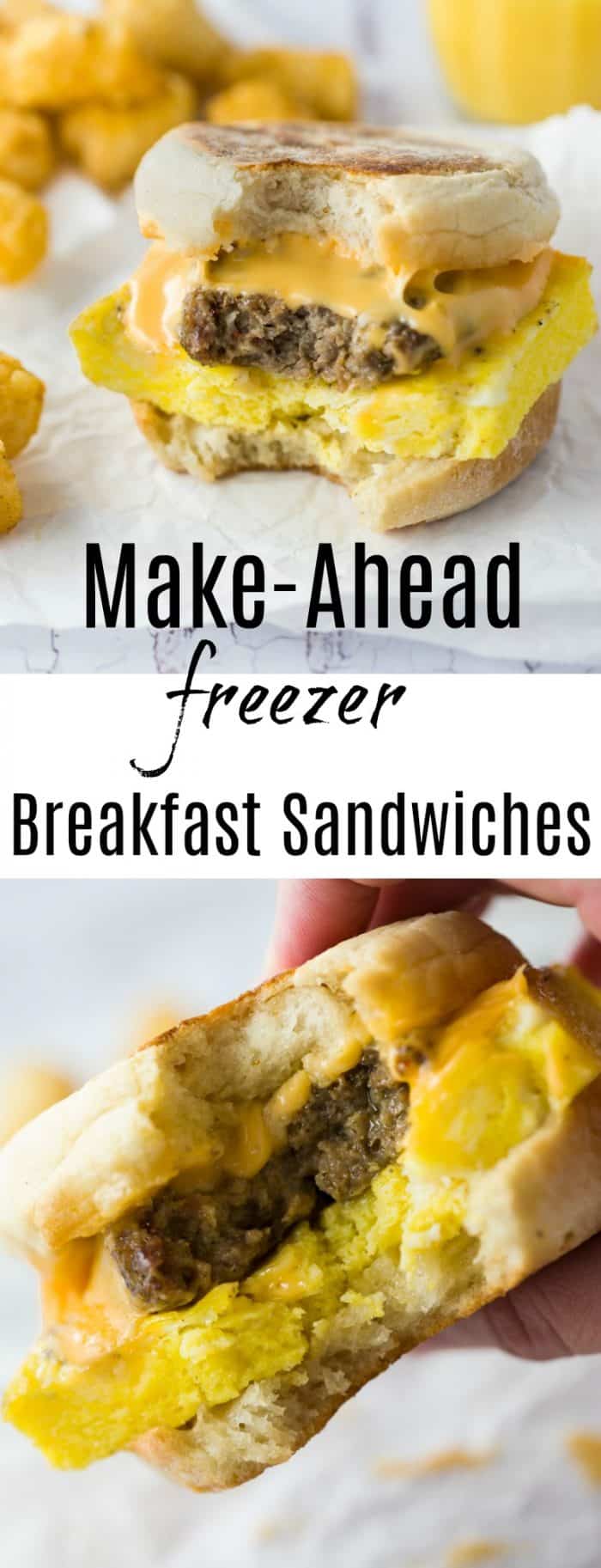 Crisp and buttery English muffins topped with fluffy eggs, bacon, sausage, and cheese. Easy to freeze ahead of time and heat in just 3 minutes! | The Cozy Cook | #breakfast #eggs #sandwich #sandwiches #mealprep #makeaheadmeals #comfortfood #sausage #meat #protein #recipe #easyrecipes #freezermeals