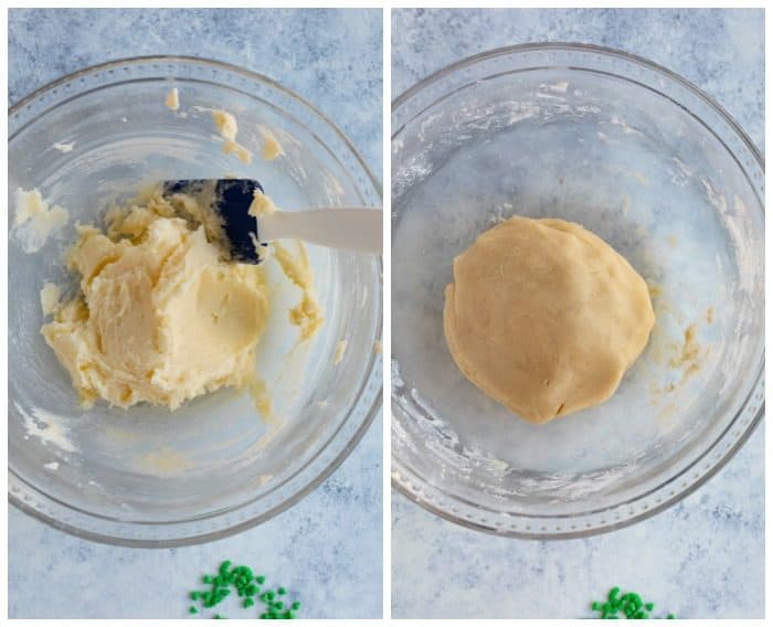 overhead shot of shortbread cookie dough being mixed and formed into a ball