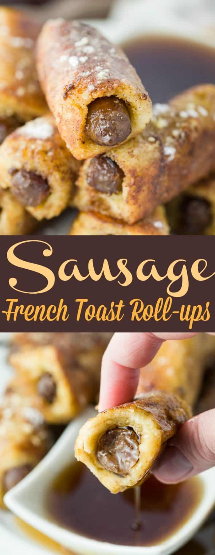 Warm, savory sausage wrapped in fresh bread that's dipped in a classic french toast mixture and cooked to golden-brown perfection. Served with syrup for dunking, this breakfast is perfect for both kids and adults! | The Cozy Cook | #sausage #frenchtoast #breakfast #brunch #holidays #holidaybrunch