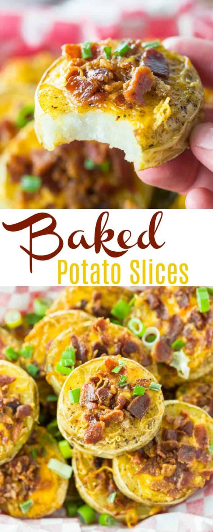 These Baked Potato slices are topped with melted cheese and crispy bacon, baked to golden perfection and served with sour cream for dipping! | The Cozy Cook |#appetizers #gameday #bacon #potatoes #fingerfood #snacks #partysnacks #cheese #comfortfood