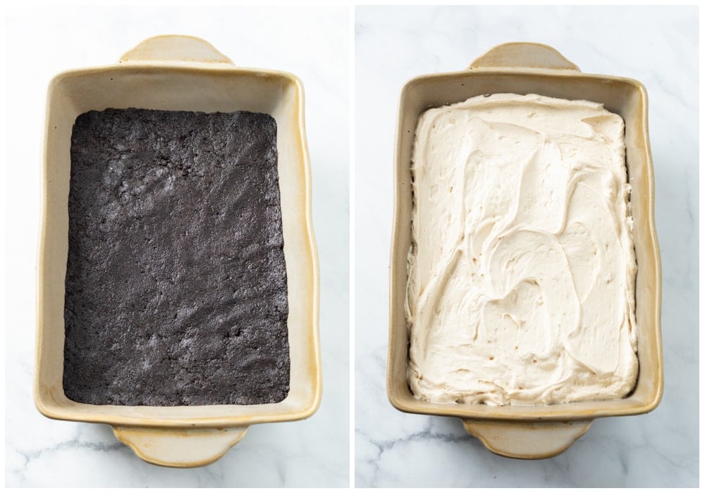 An Oreo crust in a casserole dish topped with a peanut butter cream cheese layer.