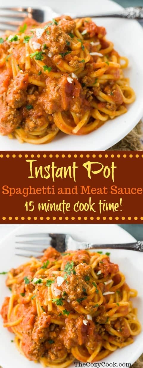 This instant pot spaghetti has perfectly cooked spaghetti noodles simmered in a savory meat sauce. A simple family dinner that's ready in less than 30 minutes with only a single pot to clean! | The Cozy Cook | #Spaghetti #InstantPot #Pasta #Italian #Meat #Beef #Noodles #Dinner #FamilyMeals #30MinuteMeal #MeatSauce