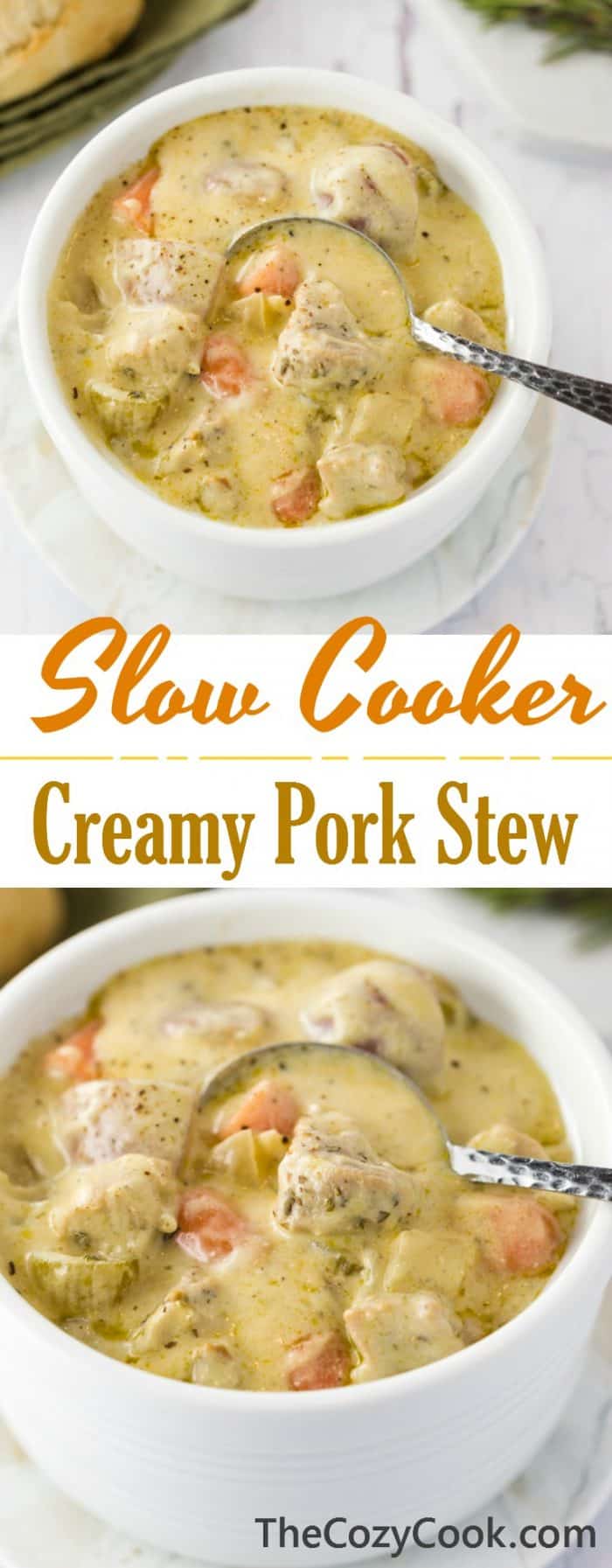 Thick and creamy pork stew made easily right in the slow cooker The perfect comfort food served all on its own or with biscuits. | The Cozy Cook | #Stew /#Soup #Pork #SlowCooker #CrockPot #Dinner
