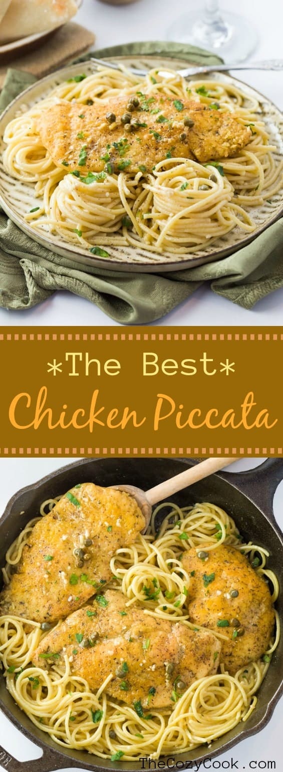 Perfectly seared chicken with a light Parmesan crust simmered in a flavorful lemon sauce and served with pasta. | The Cozy Cook | #Chicken #Piccata #LemonSauce #Dinner #Pasta #Italian #Spaghetti #ChickenPiccata #ComfortFood