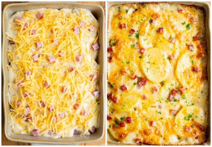 Side by side images of scalloped potatoes in a casserole dish before and after being baked.