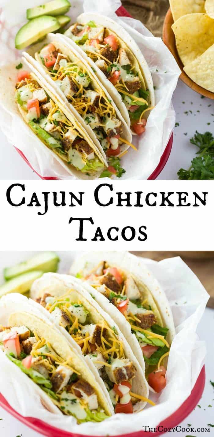 These Cajun chicken tacos are loaded with fresh lettuce, tomatoes, cheese, juicy seasoned chicken, and a drizzle of ranch dressing. They are ready in less than 30 minutes and make a perfect family lunch or dinner! | #tacos #chicken #dinner #cajun #mexican #lunch #meat #protein #lowcarb #chickentacos #easyweekdaymeals #cincodemayo