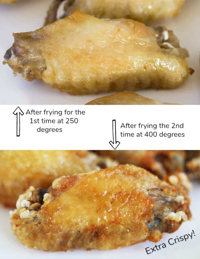 Collage of a chicken wing after being fried once, and after being fried twice.