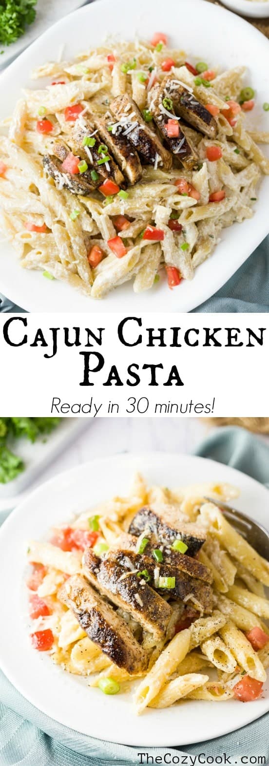 This Cajun chicken pasta recipe takes just 30 minutes to make! Just like the Chili's version, it's loaded with perfectly cooked Penne that's smothered in a savory Parmesan cream sauce and topped with Blackened Cajun chicken and diced tomatoes. #pasta #cajun #cajunchicken #chicken #dinner #alfredo #parmesan #comfortfood #italianfood #chilis #copycat #penne