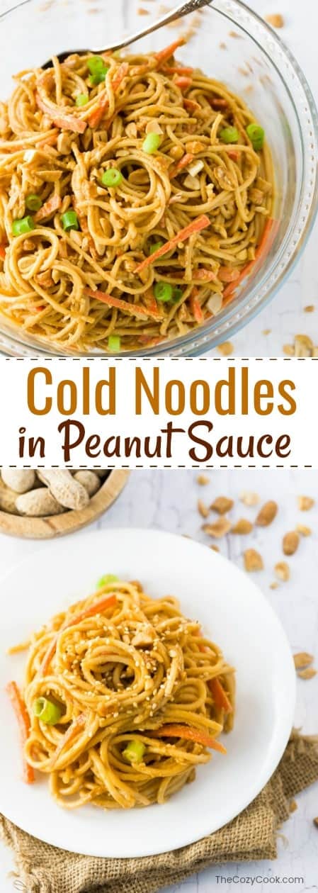 Savory chilled noodles smothered in a flavorful peanut sauce and topped with green onions and chopped peanuts. A perfect group side dish or meatless lunch!