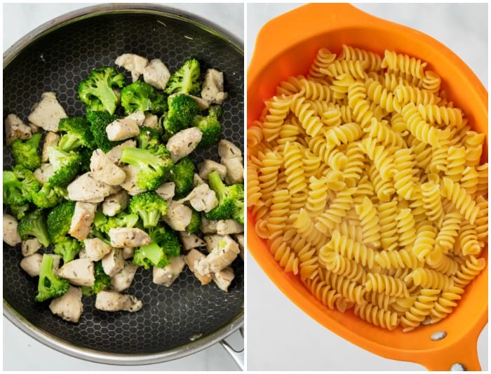 A skillet with cooked chicken and broccoli next to a strainer with cooked rotini.