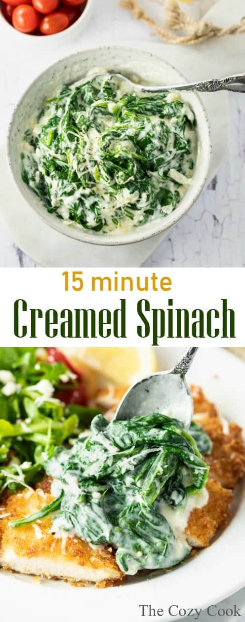 Swirls of fresh spinach combined in an indulgent Parmesan cream sauce. This is a perfect side dish on its own or as a topping on chicken and fish. It even makes a delicious addition to casseroles! | The Cozy Cook | #spinach #creamedspinach #meatless #sidedish #creamsauce #comfortfood