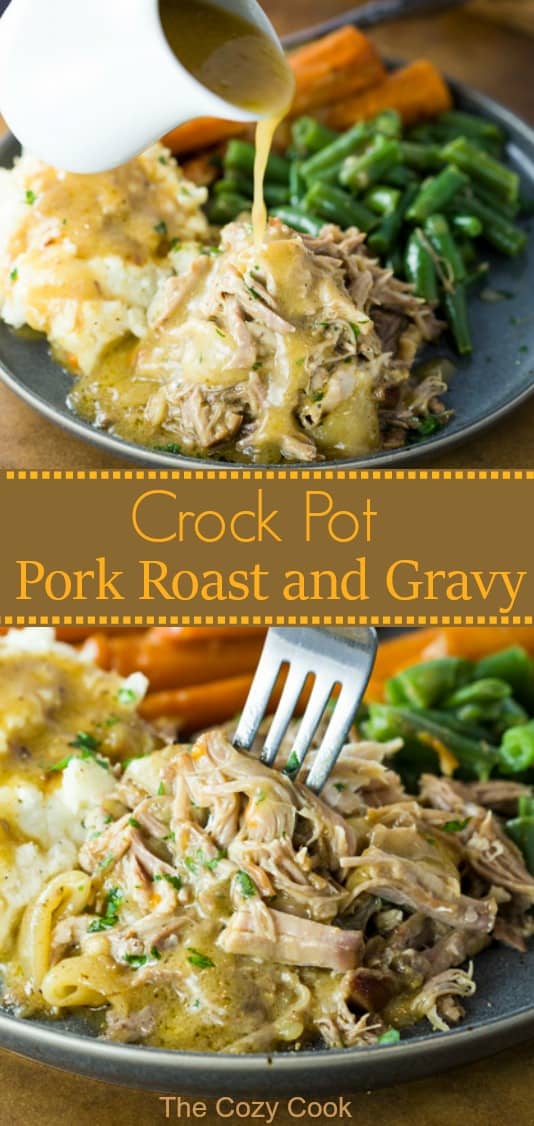 Just a few ingredients is all it takes to make this ultra-flavorful crock pot pork roast and gravy. The pork is perfectly seasoned and melts in your mouth when it’s time to eat! | The Cozy Cook | #pork #crockpot #slowcooker #dinner #comfortfood #meat #gravy #maindish #entree