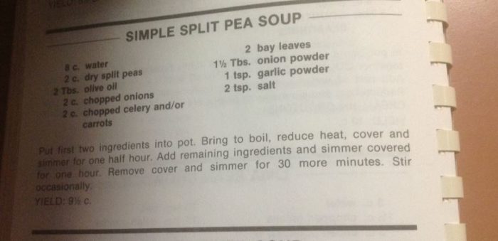 Splie Pea Soup recipe from an old cookbook.