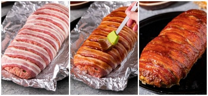 Bacon wrapped around meatloaf and brushed with sauce, before and after bring cooked