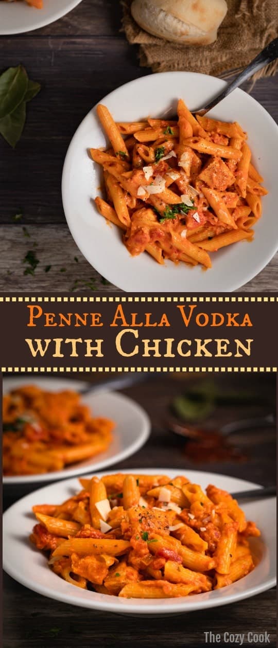 This Penne Alla Vodka with Chicken is loaded with perfectly seared chicken, chunky tomatoes, and a creamy marinara vodka sauce. It's topped with Parmesan Shavings and fresh parsley and is a classic family favorite! | The Cozy Cook | #penne #vodkasauce #pasta #comfortfood #dinner