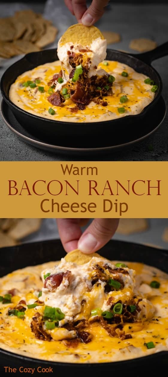 A creamy blend of cheddar, mozzarella, and cream cheese combined with mouth-watering ranch seasoning, crispy bacon, and fresh green onions. This is truly a dip that no one can resist! | The Cozy Cook | #Appetizers #Dip #Cheese #Bacon #Ranch #Snacks