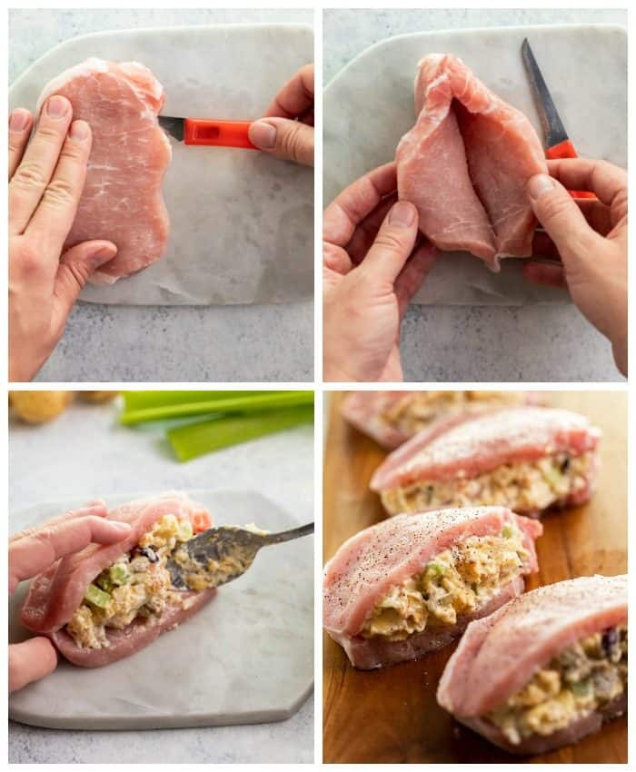 Process shots of cutting into pork and filling it with stuffing
