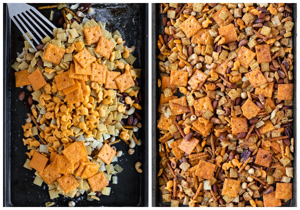 Homemade spicy Chex mix on a baking sheet before and after being mixed together.