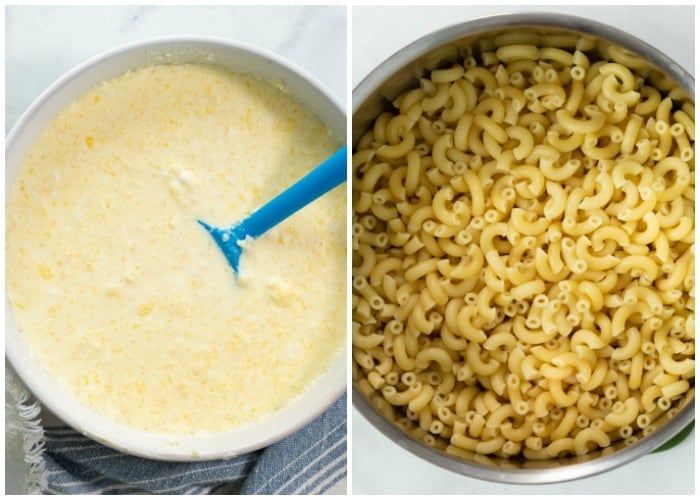 Cream sauce and boiled macaroni to make Paula Deen's Mac and Cheese