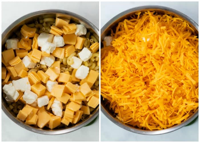 Cheese being added to Elbow Macaroni Noodles