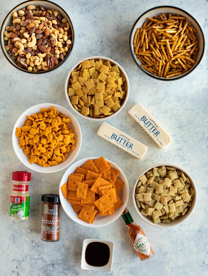 Overhead shot of all ingredients needed for spicy chex mix